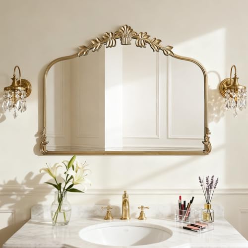 WallBeyond Gold Vintage Mirror for Vanity 32x24 Inch, Gold Antique Mirror with Ornate Frame, Arched Vintage Wall for Bathroom, Living Room, Fireplace, Entryway