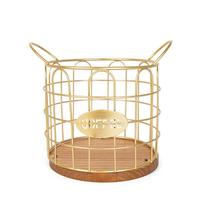 Coffee Pod Holder, Large Capacity K Cup Holder Organizer,Big Metal Kcup Capsule Storage Basket with Wooden Base, Coffee Bar Decor Station Accessories for Kitchen Counter Office Desktop (Gold)