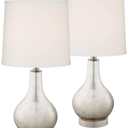 360 Lighting Ledger Modern Accent Table Lamps 21.75" High Set of 2 with USB Charging Port Mercury Glass Off White Drum Shade Decor for Living Room Desk Bedroom House Bedside Nightstand Home