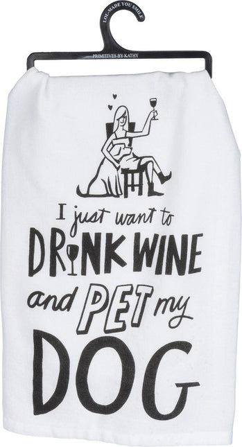 Primitives by Kathy 36921 LOL Made You Smile Dish Towel, 28-Inch Square, Drink Wine and Pet My Dog