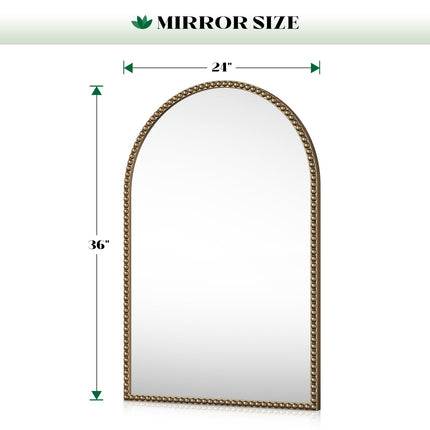 Brauthon Arched Beaded Mirror for Bathroom, 24"x36" Antique Gold Arch Vanity Wall Mirror, Retro Brass Metal Frame Champagne Bronze Mirror for Bedroom Dressing Room Entryway Fireplace