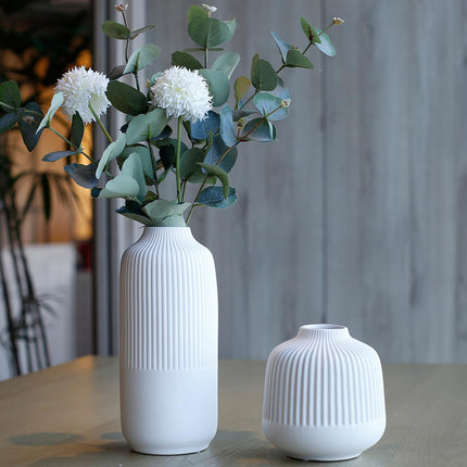 Matte White Vases Home Decor Stripe Centerpieces Modern Boho Ceramic Set of 2 for Flowers Pampas Grass Table Mantle Kitchen Porcelain