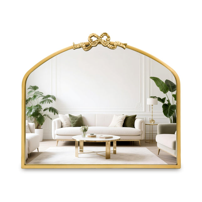 TopCity Vintage Arched Gold Mirror 24"x28" Antique Bathroom Vanity Wall Mirrors with Metal Frame, Baroque Ornate Bow Decor for Living Room, Fireplace, Entryway, Hallway