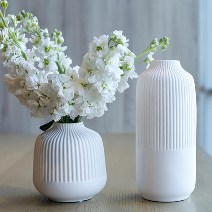 Matte White Vases Home Decor Stripe Centerpieces Modern Boho Ceramic Set of 2 for Flowers Pampas Grass Table Mantle Kitchen Porcelain