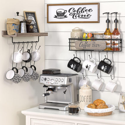 Coffee Mug Holder Organizer 2 Pack with 12 Mug Hooks Mug Rack Wall Mounted with Coffee Bar Sign Farmhouse Coffee Accessories and Organizer with Metal Basket Floating Shelves for Wall Weathered Walnut