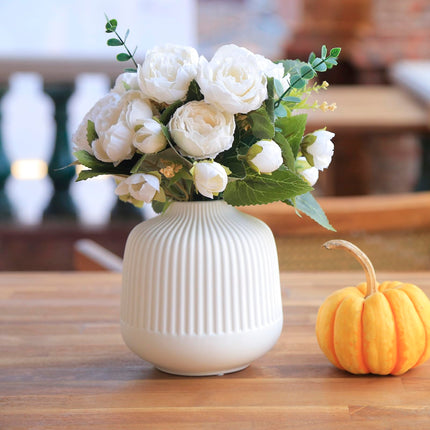 Matte White Vases Home Decor Stripe Centerpieces Modern Boho Ceramic Set of 2 for Flowers Pampas Grass Table Mantle Kitchen Porcelain