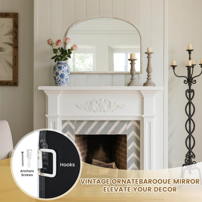 WallBeyond White&Gold Vintage Mirror for Vanity 32x24 Inch, Gold Antique Mirror with Ornate Frame, Arched Vintage for Bathroom, Living Room, Fireplace, Entryway
