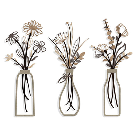 Pigort 3 Pieces Metal Flowers Wall Arts - Rustic Farmhouse Style Décor Metal Wall Art Black Minimalist Flower Natural Themed Wall Decors for Home Bedroom Dining Room Housewarming (Brown)