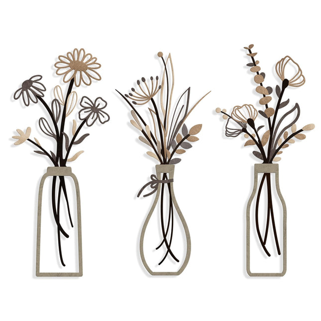 Pigort 3 Pieces Metal Flowers Wall Arts - Rustic Farmhouse Style Décor Metal Wall Art Black Minimalist Flower Natural Themed Wall Decors for Home Bedroom Dining Room Housewarming (Brown)