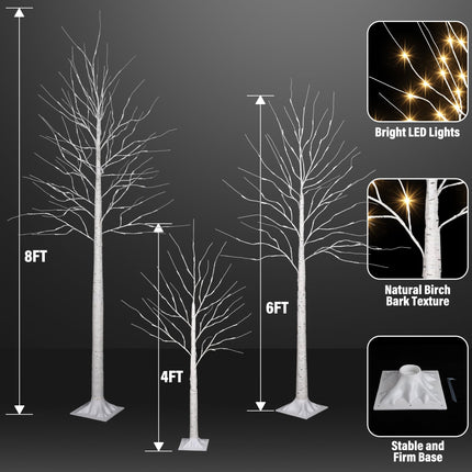 iBaycon 4FT 6FT and 8FT Birch Trees, Set of 3 Lighted Birch Tree LED Artificial Tree with 8 Modes Timer, Prelit Light Up Trees for Indoor and Outdoor Party Holiday Christmas Decorations