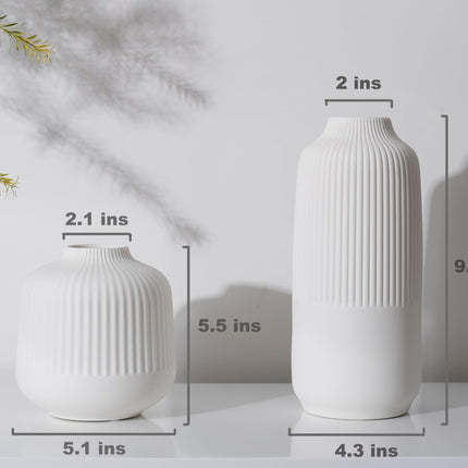 Matte White Vases Home Decor Stripe Centerpieces Modern Boho Ceramic Set of 2 for Flowers Pampas Grass Table Mantle Kitchen Porcelain