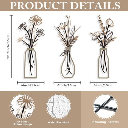 Pigort 3 Pieces Metal Flowers Wall Arts - Rustic Farmhouse Style Décor Metal Wall Art Black Minimalist Flower Natural Themed Wall Decors for Home Bedroom Dining Room Housewarming (Brown)