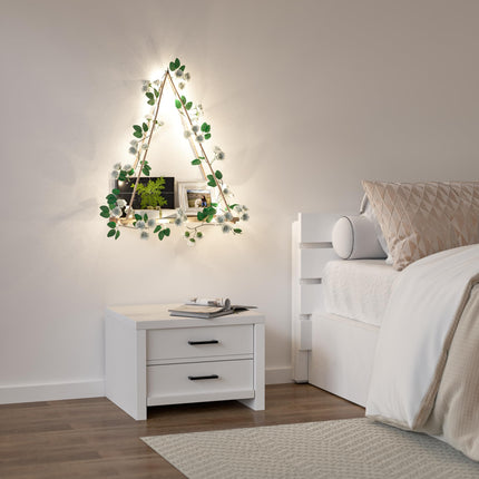 Triple Artificial White Flower Garland with LED-Strip Wall Hanging Shelves Set of 2, Boho Shelves for Wall Décor, Macrame Wall Shelf for Bedroom Bathroom Living Room Kitchen (No Battery Included)