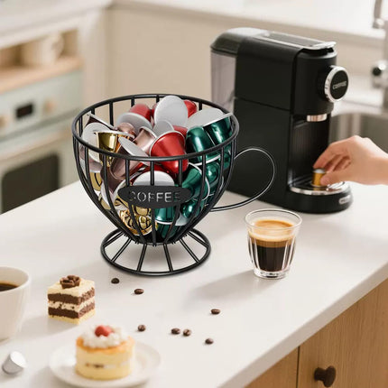 Agirlvct Coffee Pod Holder,Large K Cup & Capsule Storage Organizer, Tea Cup Coffee Capsule Basket, Metal Coffee Bar Organizer for Kcup Kitchen Dinning Room Office Home Cafe Hotel (Black)