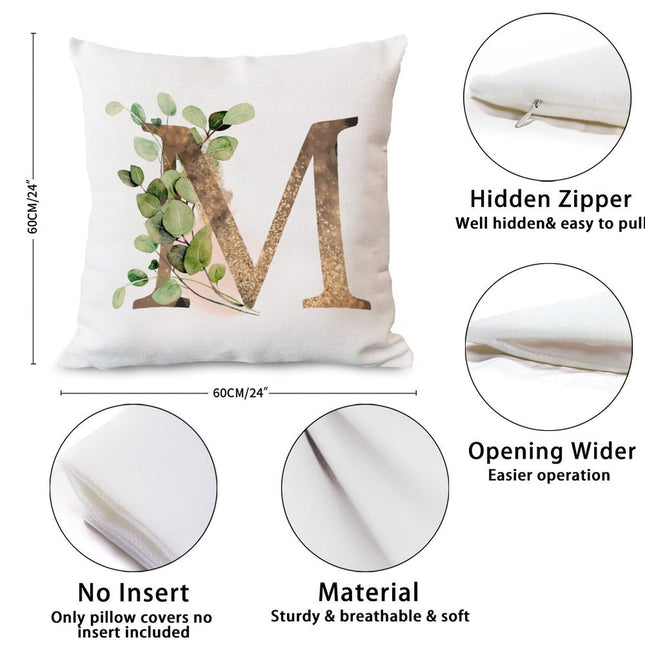 Yinrune Initial Letter M Monogram Pillow Case 26 Letters Gold Green Eucalyptus Leaves Alphabet Throw Pillow Cover Cushion Cover 24x24in Accent Pillowcase Gifts for Holiday Wedding Birthday