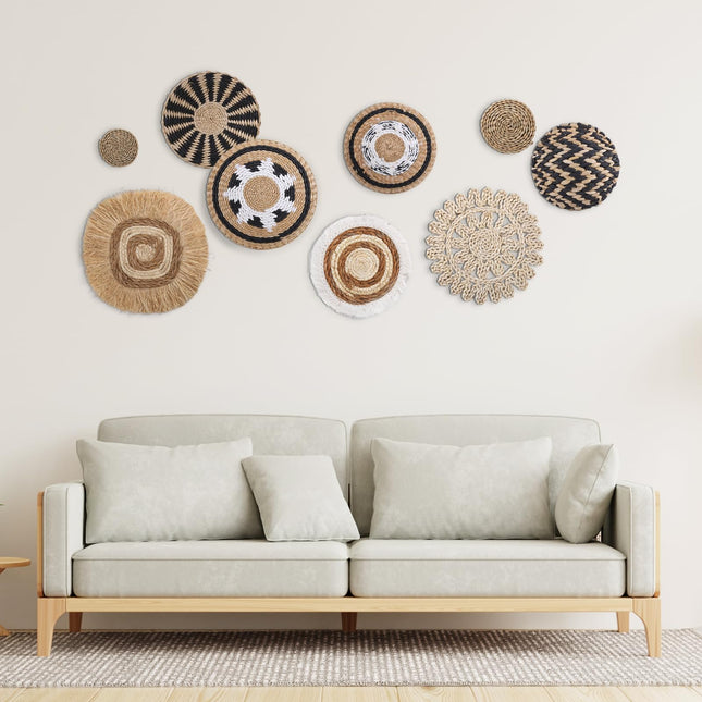 KEDEMAS Boho Wall Basket Decor, 9 Pack Hanging Woven Wall Basket Set, Seagrass Rattan Wicker Boho Wall Art, Eco-Friendly Round Wall Art for Farmhouse Living Rooms Bedrooms Display Classroom Decor