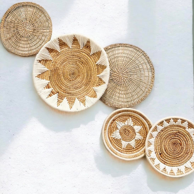 TheNamiCollection Woven Wall Basket Set - Five Hanging Seagrass Baskets | Decorative, Boho Styled Baskets Perfect For Trendy, All Natural Home Decor | Handmade, Round, Woven, Hanging Wall Basket Decor