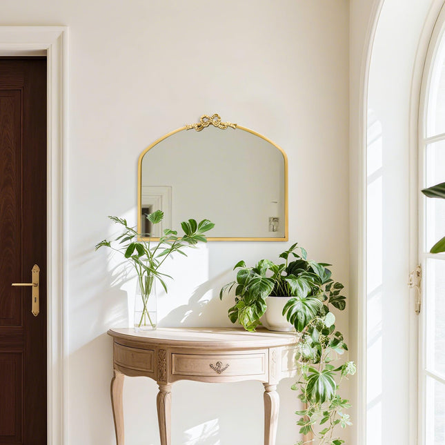 TopCity Vintage Arched Gold Mirror 24"x28" Antique Bathroom Vanity Wall Mirrors with Metal Frame, Baroque Ornate Bow Decor for Living Room, Fireplace, Entryway, Hallway
