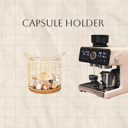 Coffee Pod Holder, Large Capacity K Cup Holder Organizer,Big Metal Kcup Capsule Storage Basket with Wooden Base, Coffee Bar Decor Station Accessories for Kitchen Counter Office Desktop (Gold)