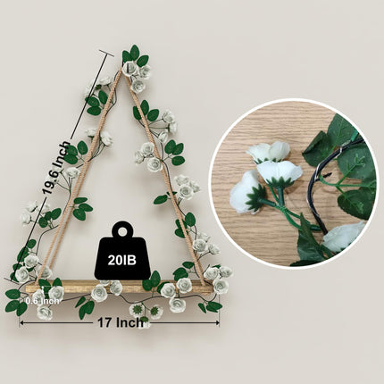 Triple Artificial White Flower Garland with LED-Strip Wall Hanging Shelves Set of 2, Boho Shelves for Wall Décor, Macrame Wall Shelf for Bedroom Bathroom Living Room Kitchen (No Battery Included)