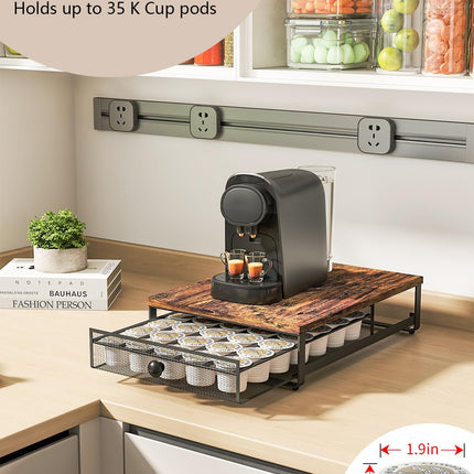 Sedegn Coffee Pod Holder Counter Coffee Vertuo Capsules Storage Organizer with Sliding Drawer Compatible For 35 K-Cup Pods No Assembly Needed Rustic Brown