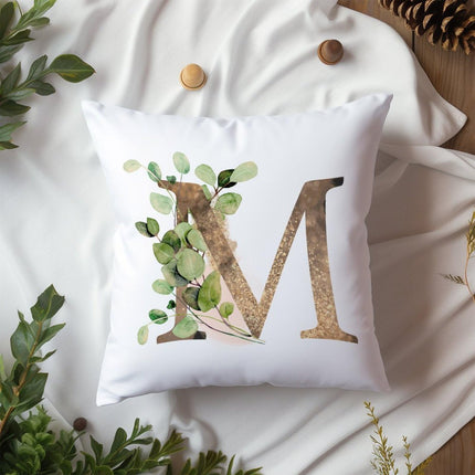 Yinrune Initial Letter M Monogram Pillow Case 26 Letters Gold Green Eucalyptus Leaves Alphabet Throw Pillow Cover Cushion Cover 24x24in Accent Pillowcase Gifts for Holiday Wedding Birthday