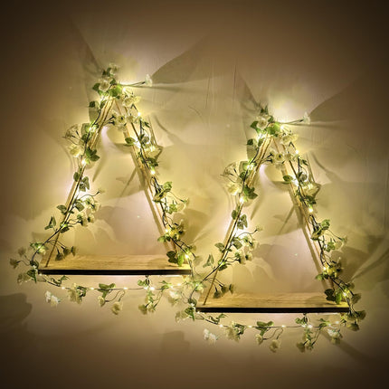 Triple Artificial White Flower Garland with LED-Strip Wall Hanging Shelves Set of 2, Boho Shelves for Wall Décor, Macrame Wall Shelf for Bedroom Bathroom Living Room Kitchen (No Battery Included)