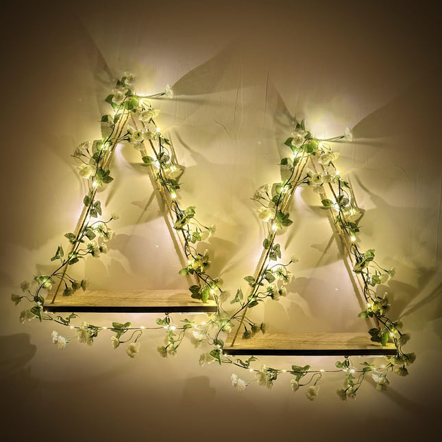 Triple Artificial White Flower Garland with LED-Strip Wall Hanging Shelves Set of 2, Boho Shelves for Wall Décor, Macrame Wall Shelf for Bedroom Bathroom Living Room Kitchen (No Battery Included)