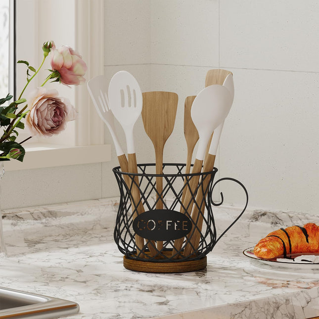 YINMIT K Cup Holder Organizer, Rustic Coffee Pod Holder Organizer, 35 Kcup Holder for Counter with Handle，Large Capacity Black Wire Coffee Capsule Basket for Kitchen Office Desktop (Circular Grid)