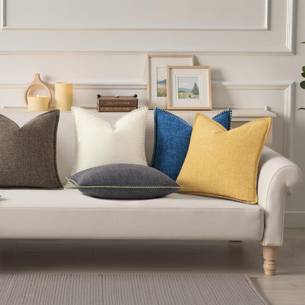 decorUhome Decorative Outdoor Throw Pillow Covers 18x18 Set of 2, Square Linen Rustic Neutral Farmhouse Euro Pillow Covers with Stitched Edge for Couch, Sofa, Living Room, Mustard Yellow