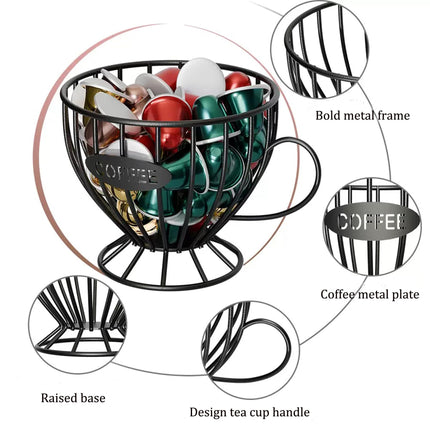 Agirlvct Coffee Pod Holder,Large K Cup & Capsule Storage Organizer, Tea Cup Coffee Capsule Basket, Metal Coffee Bar Organizer for Kcup Kitchen Dinning Room Office Home Cafe Hotel (Black)