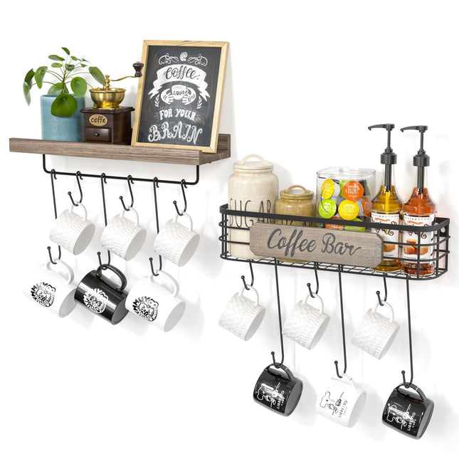 Coffee Mug Holder Organizer 2 Pack with 12 Mug Hooks Mug Rack Wall Mounted with Coffee Bar Sign Farmhouse Coffee Accessories and Organizer with Metal Basket Floating Shelves for Wall Weathered Walnut