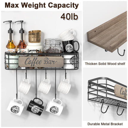 Coffee Mug Holder Organizer 2 Pack with 12 Mug Hooks Mug Rack Wall Mounted with Coffee Bar Sign Farmhouse Coffee Accessories and Organizer with Metal Basket Floating Shelves for Wall Weathered Walnut
