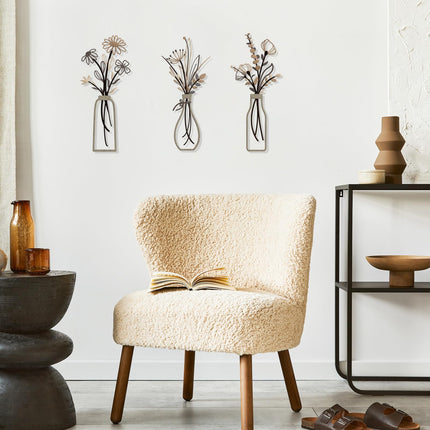 Pigort 3 Pieces Metal Flowers Wall Arts - Rustic Farmhouse Style Décor Metal Wall Art Black Minimalist Flower Natural Themed Wall Decors for Home Bedroom Dining Room Housewarming (Brown)