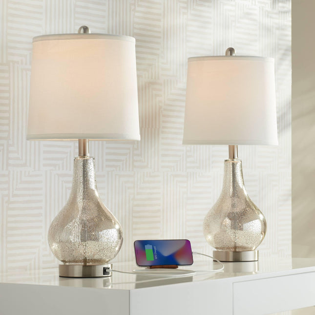 360 Lighting Ledger Modern Accent Table Lamps 21.75" High Set of 2 with USB Charging Port Mercury Glass Off White Drum Shade Decor for Living Room Desk Bedroom House Bedside Nightstand Home