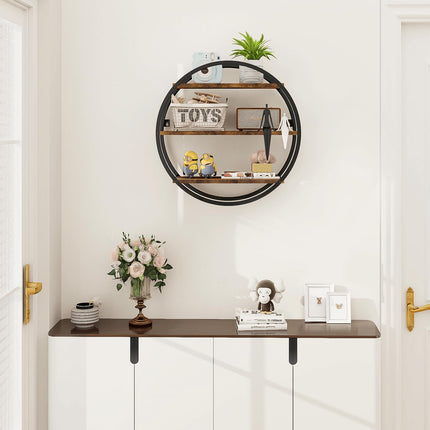 BCOZLUX Floating Shelves, 3 Tier Decorative Geometric Circle Metal and Wood Wall Shelves, Bathroom Shelf Round Wall Decor, Rustic Brown