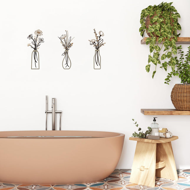 Pigort 3 Pieces Metal Flowers Wall Arts - Rustic Farmhouse Style Décor Metal Wall Art Black Minimalist Flower Natural Themed Wall Decors for Home Bedroom Dining Room Housewarming (Brown)