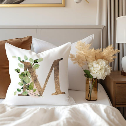 Yinrune Initial Letter M Monogram Pillow Case 26 Letters Gold Green Eucalyptus Leaves Alphabet Throw Pillow Cover Cushion Cover 24x24in Accent Pillowcase Gifts for Holiday Wedding Birthday