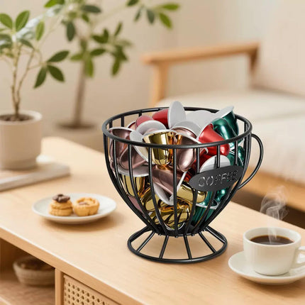 Agirlvct Coffee Pod Holder,Large K Cup & Capsule Storage Organizer, Tea Cup Coffee Capsule Basket, Metal Coffee Bar Organizer for Kcup Kitchen Dinning Room Office Home Cafe Hotel (Black)