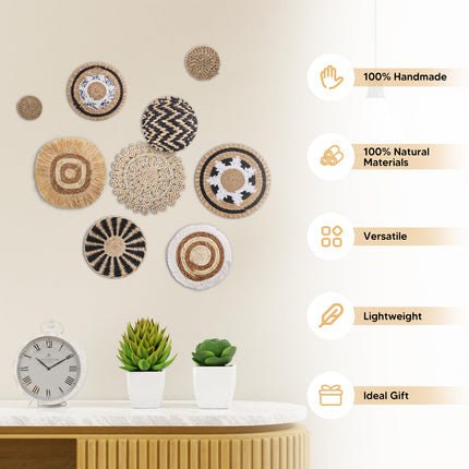 KEDEMAS Boho Wall Basket Decor, 9 Pack Hanging Woven Wall Basket Set, Seagrass Rattan Wicker Boho Wall Art, Eco-Friendly Round Wall Art for Farmhouse Living Rooms Bedrooms Display Classroom Decor