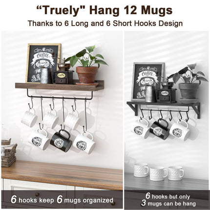 Coffee Mug Holder Organizer 2 Pack with 12 Mug Hooks Mug Rack Wall Mounted with Coffee Bar Sign Farmhouse Coffee Accessories and Organizer with Metal Basket Floating Shelves for Wall Weathered Walnut