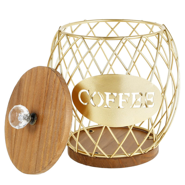 Coffee Pod Basket Holder Metal Coffee Pod Storage Basket with Dust Cover Hollow Design Coffee Pod Storage Container Large Capacity Sturdy Coffee Pod Organizer (golden)