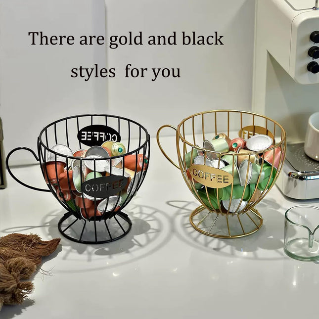 Agirlvct Coffee Pod Holder,Large K Cup & Capsule Storage Organizer, Tea Cup Coffee Capsule Basket, Metal Coffee Bar Organizer for Kcup Kitchen Dinning Room Office Home Cafe Hotel (Black)