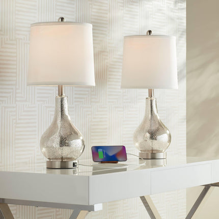 360 Lighting Ledger Modern Accent Table Lamps 21.75" High Set of 2 with USB Charging Port Mercury Glass Off White Drum Shade Decor for Living Room Desk Bedroom House Bedside Nightstand Home