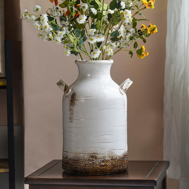 Quoowiit Ceramic Rustic Farmhouse Vase, 14 Inch Distressed Decorative Flower Vase for Home Decor, Large White Vase for Living Room Bedroom Kitchen Office Decor Centerpiece Table Decorations
