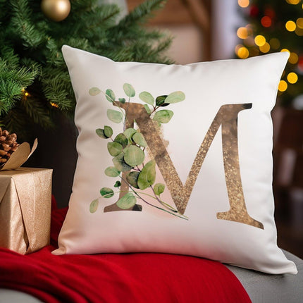 Yinrune Initial Letter M Monogram Pillow Case 26 Letters Gold Green Eucalyptus Leaves Alphabet Throw Pillow Cover Cushion Cover 24x24in Accent Pillowcase Gifts for Holiday Wedding Birthday
