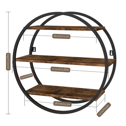 BCOZLUX Floating Shelves, 3 Tier Decorative Geometric Circle Metal and Wood Wall Shelves, Bathroom Shelf Round Wall Decor, Rustic Brown