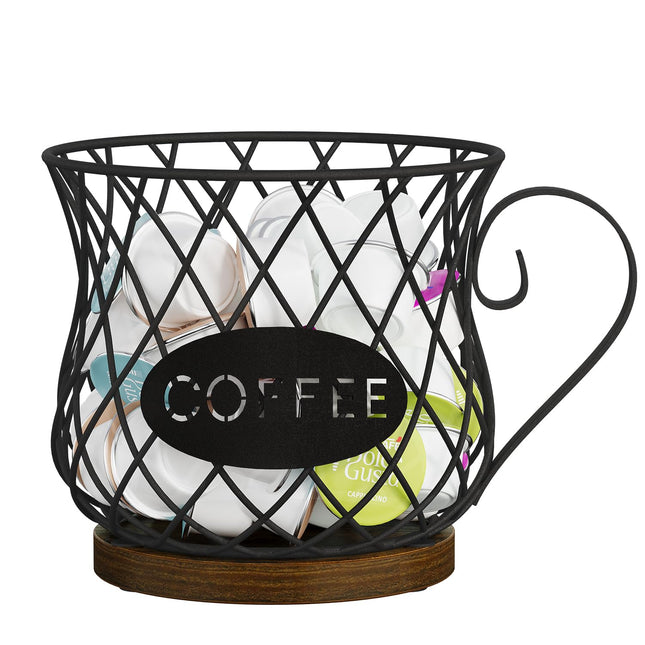 YINMIT K Cup Holder Organizer, Rustic Coffee Pod Holder Organizer, 35 Kcup Holder for Counter with Handle，Large Capacity Black Wire Coffee Capsule Basket for Kitchen Office Desktop (Circular Grid)