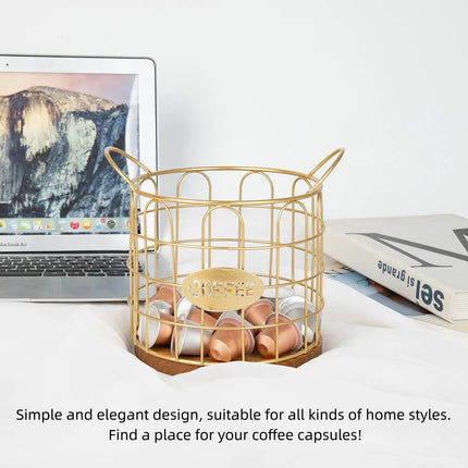 Coffee Pod Holder, Large Capacity K Cup Holder Organizer,Big Metal Kcup Capsule Storage Basket with Wooden Base, Coffee Bar Decor Station Accessories for Kitchen Counter Office Desktop (Gold)