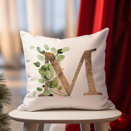 Yinrune Initial Letter M Monogram Pillow Case 26 Letters Gold Green Eucalyptus Leaves Alphabet Throw Pillow Cover Cushion Cover 24x24in Accent Pillowcase Gifts for Holiday Wedding Birthday